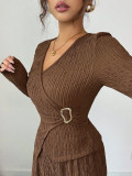 Women's Solid Color V-neck Long Sleeve Casual Two Piece Pants Set