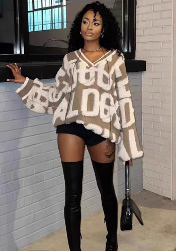 Autumn Winter Women's Towel Embroidered Letter Loose Knitting Cardigan