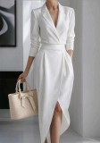 Autumn Winter Women's Chic Turndown Collar Slim Waist Long Sleeve Irregular Dress