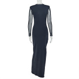 Women's Chic Black White Patchwork Slit Shirt Collar Long Sleeve Hollow Dress