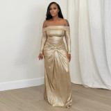 Women's Sexy Off Shoulder Slim Fit Long Sleeve Glossy Long Dress
