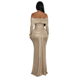 Women's Sexy Off Shoulder Slim Fit Long Sleeve Glossy Long Dress