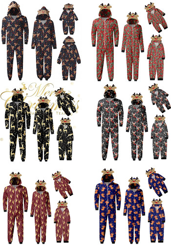 Christmas Family Wear Hooded Printed Casual Jumpsuit Loungewear