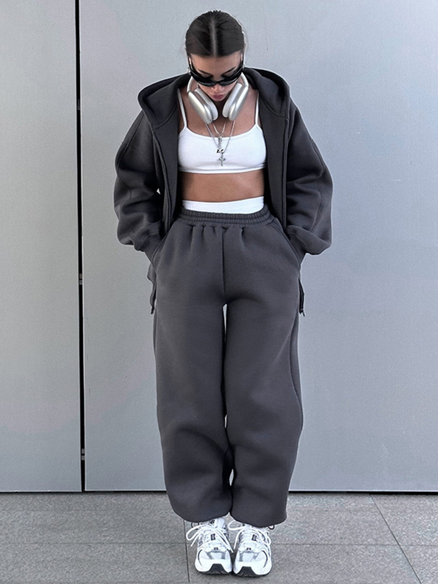 Women Solid Hoodies and Cuffed Pants Two-Piece Set