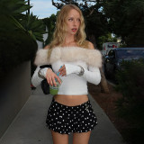 Women Autumn & Winter Off-Shoulder Fleece Patchwork Color-Block Long-Sleeve T-Shirt Crop Top