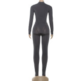 Autumn Winter Women's Fashion Long Sleeve Solid Color Patchwork Bodysuit Top and Pants Set