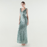 Women Beaded Rhinestone V-Neck Mermaid Evening Dress
