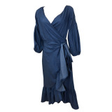 Women Ruffled Lantern Sleeve V-Neck Denim Dress