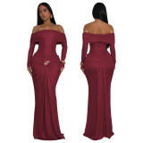 Women's Sexy Off Shoulder Slim Fit Long Sleeve Glossy Long Dress