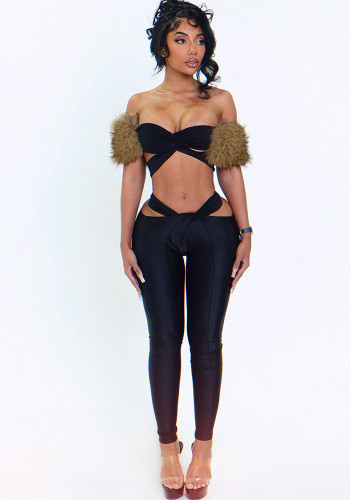 Autumn Winter Women's Style Sexy Fur Collar Patchwork Off Shoulder Crop Pants Set