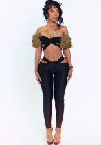 Autumn Winter Women's Style Sexy Fur Collar Patchwork Off Shoulder Crop Pants Set Autumn Winter Women's Style Sexy Fur Collar Patchwork Off Shoulder Crop Pants Set