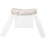 Women Autumn & Winter Off-Shoulder Fleece Patchwork Color-Block Long-Sleeve T-Shirt Crop Top