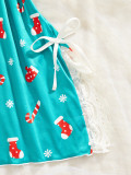 Women V-Neck Bow Christmas Snowflake Print Camisole Nightgown