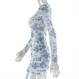 Women Elegant Sexy Printed Ruched Round Neck Long-Sleeve Bodycon Dress