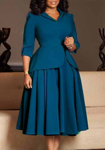 Autumn Women's 3/4 Sleeves Turndown Collar Plus Size African Dress