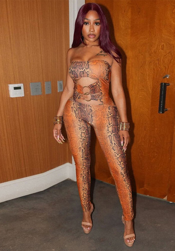 Autumn Winter Women's Fashion Decorative Button Snake Print Sexy Strapless Hollow Jumpsuit