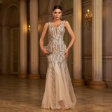 Women's Sleeveless V-Neck Formal Party Sequin Mesh Mermaid Dress