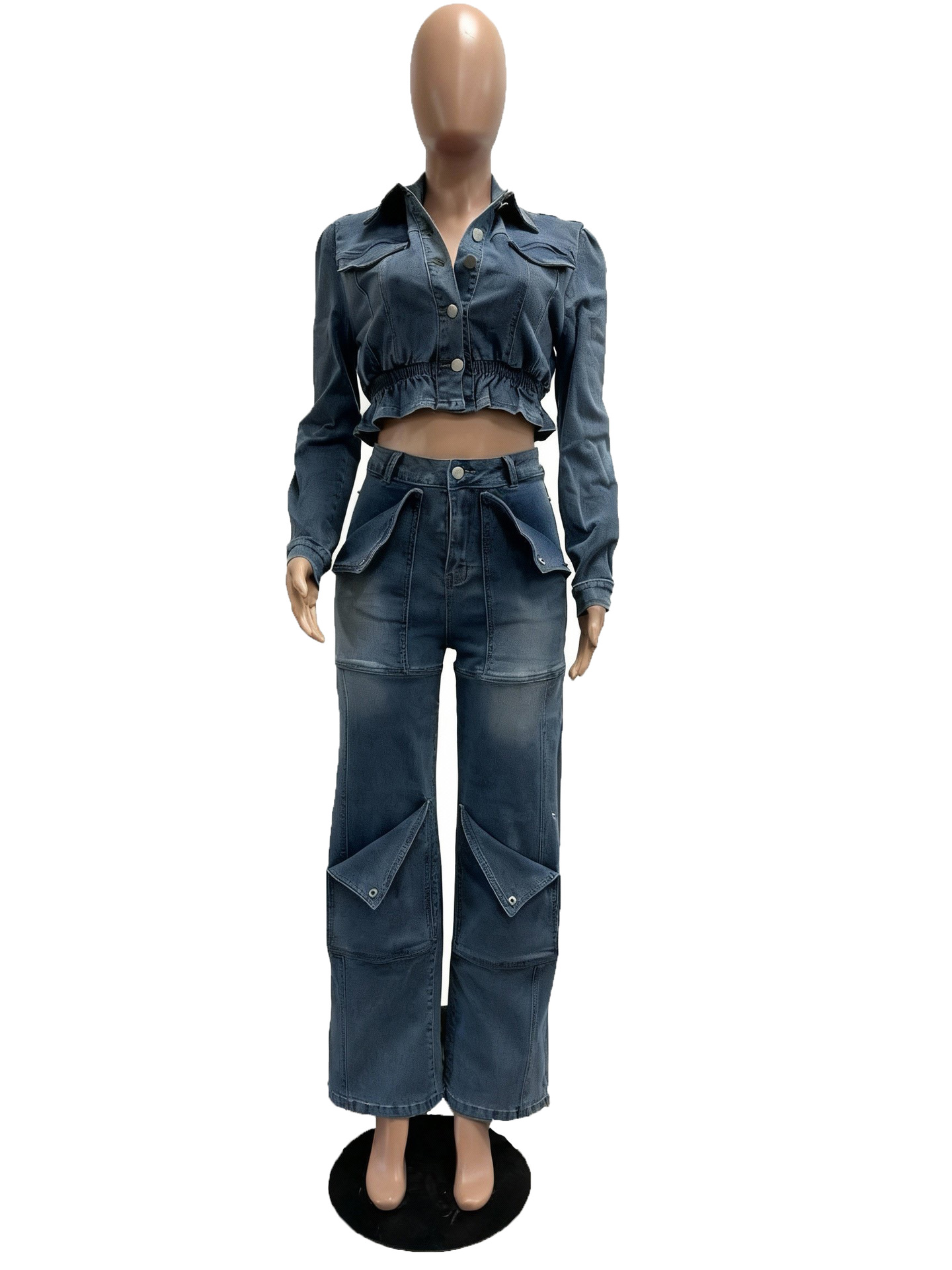 Autumn Women's Fashion Sexy Stretch Multi-Pocket Washed Denim Casual Pants Set