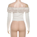 Women Autumn & Winter Off-Shoulder Fleece Patchwork Color-Block Long-Sleeve T-Shirt Crop Top