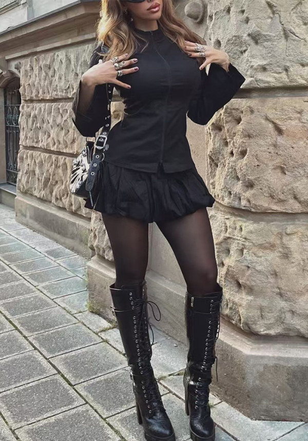 Women's Solid Color Long Sleeve Sexy Two-Piece Skirt Set