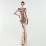 Women's Luxury Sequin Long Sleeve Evening Dress