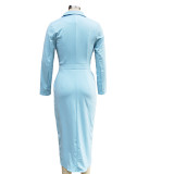 Autumn Winter Women's Chic Turndown Collar Slim Waist Long Sleeve Irregular Dress