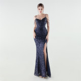 Women's Sequin Beaded Fishbone Slim Waist Evening Dress