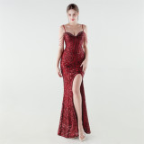 Women's Sequin Beaded Fishbone Slim Waist Evening Dress