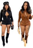 Women's Casual Long Sleeve Stretch Suede Shorts Suit