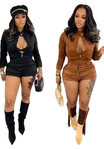 Women's Casual Long Sleeve Stretch Suede Shorts Suit