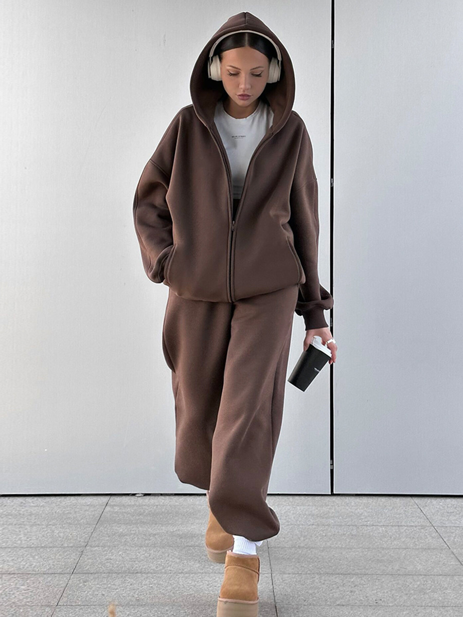 Women Solid Hoodies and Cuffed Pants Two-Piece Set