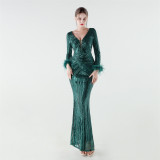 Women's Luxury Sequin Long Sleeve Evening Dress