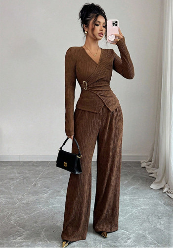 Women's Solid Color V-neck Long Sleeve Casual Two Piece Pants Set