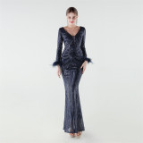 Women's Luxury Sequin Long Sleeve Evening Dress