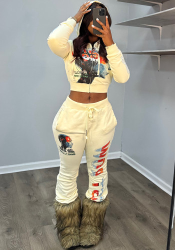 Women's American Letter Sexy Hooded Jacket and Pants Set