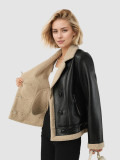 Winter Women's Plush Turndown Collar Pu Leather Fur Coat