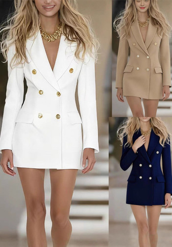 Autumn Winter Women's Solid Color Long Sleeve Turndown Collar Double Breasted Dress