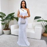 Women Beaded One-Shoulder Solid Backless Mermaid Sequin Dress