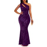 Women Beaded One-Shoulder Solid Backless Mermaid Sequin Dress