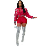 Autumn Winter Women's Ribbed Pu Leather & Embroidery Baseball Jacket