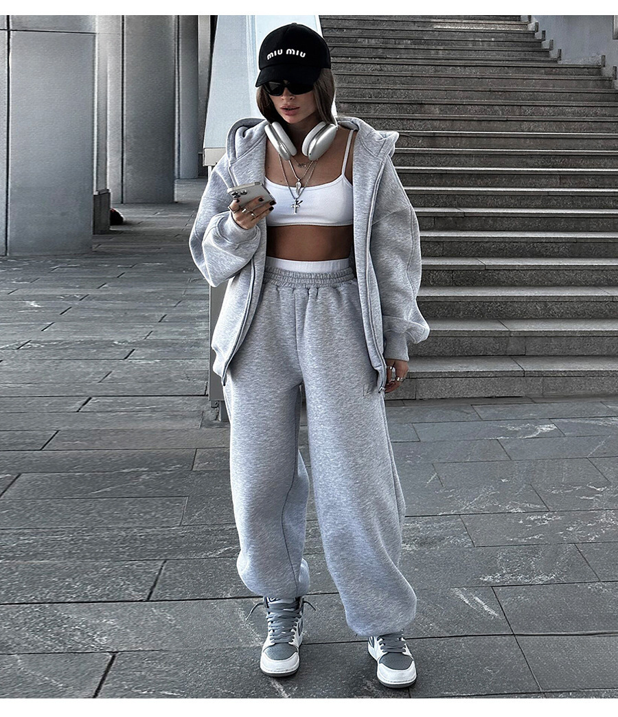 Women Solid Hoodies and Cuffed Pants Two-Piece Set