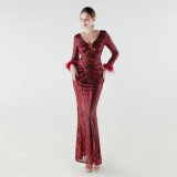 Women's Luxury Sequin Long Sleeve Evening Dress