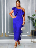 Plus Size Women's Black One Shoulder Large Bow Fringe Slim Fit Chic Dress