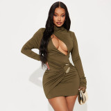 Autumn Winter Women's Solid Color Slim Fit Elegant Hollow Pleated Long Sleeve Mini Dress