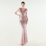 Women Beaded Rhinestone V-Neck Mermaid Evening Dress