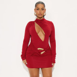 Autumn Winter Women's Solid Color Slim Fit Elegant Hollow Pleated Long Sleeve Mini Dress