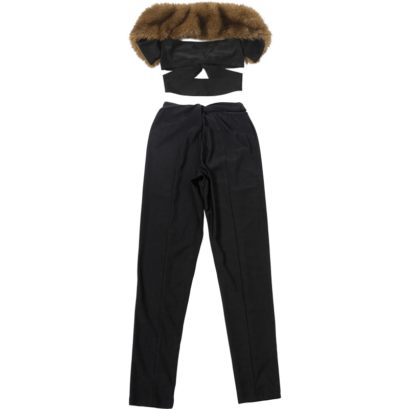 Autumn Winter Women's Style Sexy Fur Collar Patchwork Off Shoulder Crop Pants Set