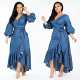 Women Ruffled Lantern Sleeve V-Neck Denim Dress