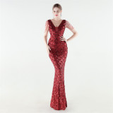 Women Beaded Rhinestone V-Neck Mermaid Evening Dress