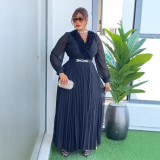 Plus Size Women's Black Ruffle V-Neck Pleated Formal Party Dress with Diamond Belt